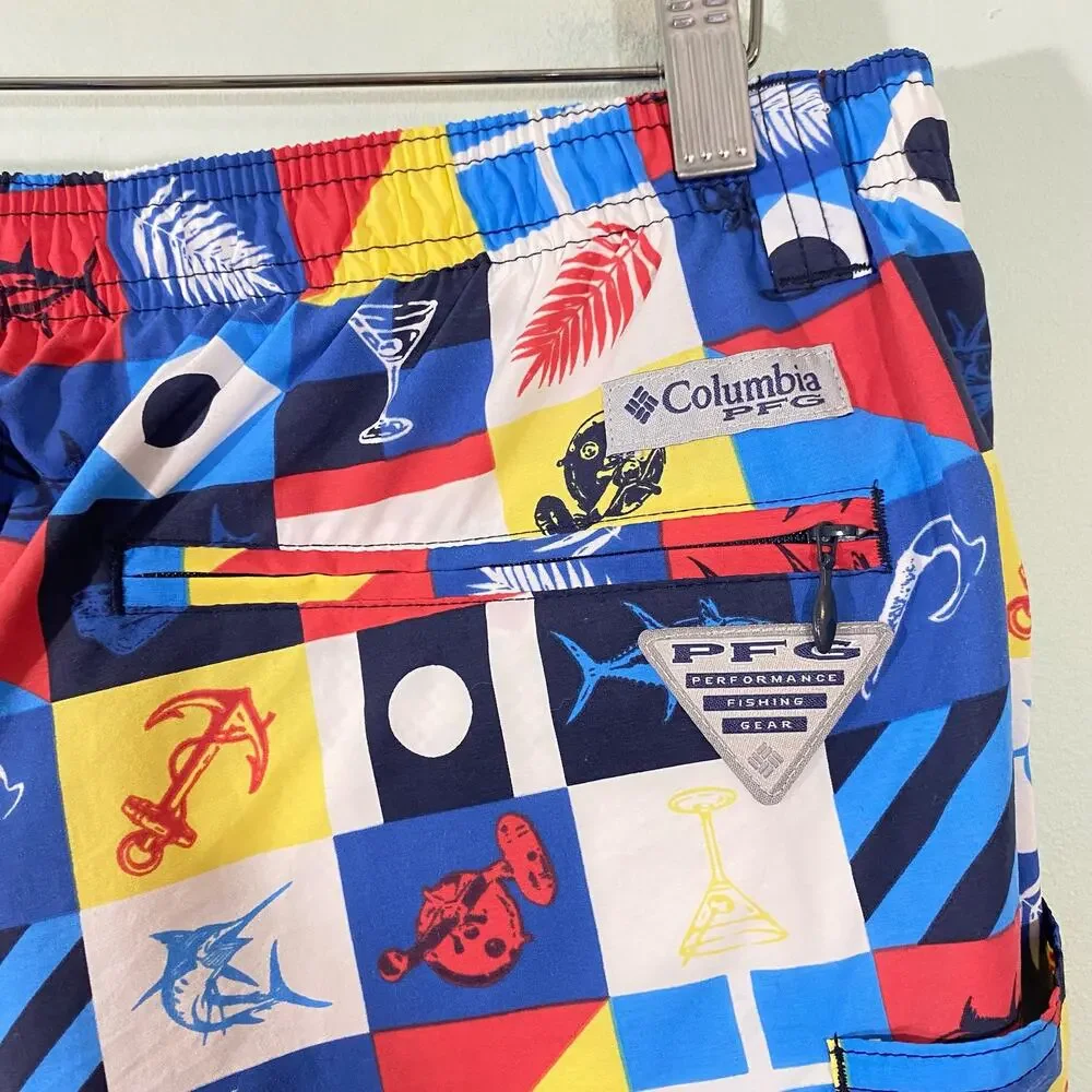 Columbia Men's PFG Nautical Fishing Checkered Swim Trunks Size L